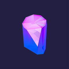 Vibrant low poly crystal with glowing pink and blue facets on a dark background, abstract 3D render