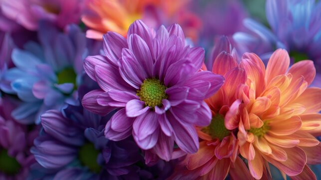 Colorful Chrysanthemums: A close-up view reveals a vibrant array of chrysanthemums, their petals showcasing a stunning spectrum of colors, including shades of purple, blue, and orange. - Powered by Adobe