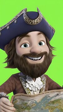 Cartoon pirate character with map against green background