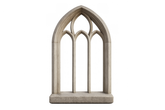 Gothic arched stone window frame on transparent background