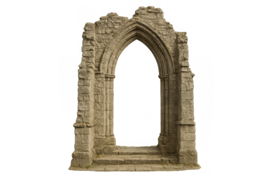 Gothic arch stone doorway ruin on transparent background