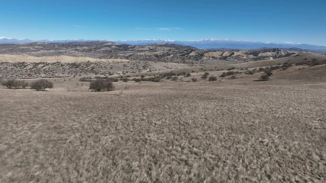 Aerial view of beautiful textures and hills in Vashlovani national park. Gorgeous place in Georgia.