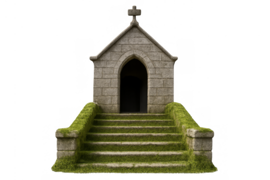 Old stone chapel entrance with mossy stairs