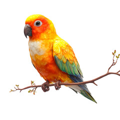 Vibrant sun conure parrot perched on a thin branch isolated on transparent background