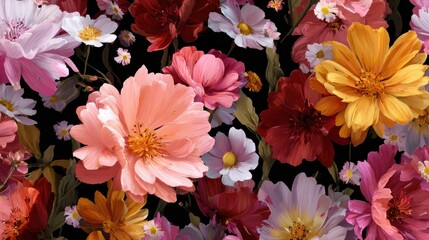Floral Symphony: A vibrant floral composition featuring a stunning array of blossoms in a riot of colors, from soft pastels to rich, deep hues. A delightful display of nature's beauty and artistry.