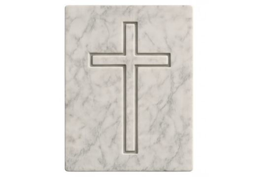 White marble plaque with an engraved cross symbol