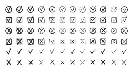 Check marks hand drawn doodle set. tick, cross signs for checkbox, checklist, v and x in sketch set. © Yanka