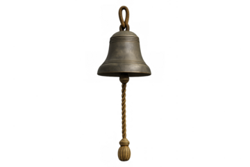 Vintage ship's bell with rope isolated on transparent background