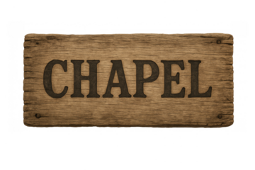 Wooden chapel sign with text on transparent background