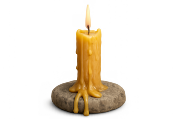 Burning wax candle dripping on rock with transparent background