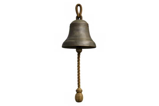 Vintage ship's bell with rope isolated on transparent background