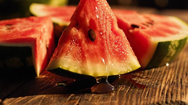 Close up of fresh watermelon slices with seeds on a wooden surface day light healthy food concept