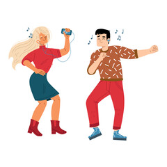 Happy young couple dancing while listening to music with headphones. Modern personal entertainment concept