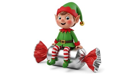 Cute christmas elf sitting on a wrapped candy with white background