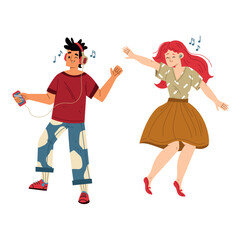 Joyful young man and woman dancing and listening to music on headphones, illustrating happiness and leisure