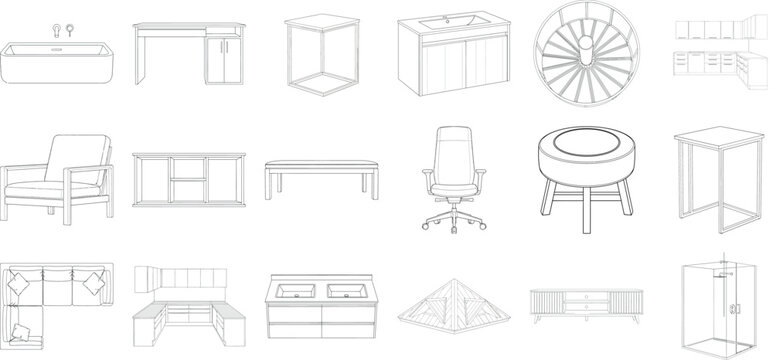 Collection of architectural drawings and blueprints of various furniture and structures