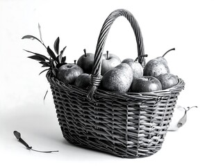 Monochrome Still Life - Wicker Basket Overflowing with Fresh Apples.
