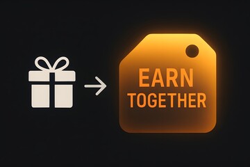 Collaborative Earning and Rewards Program: Gift Box Icon Leading to a Glowing Price Tag with "Earn Together" Text for Referral or Partnership Schemes
