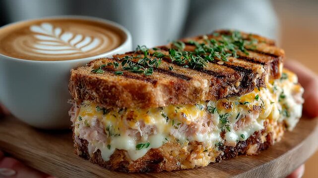 Delicious Grilled Cheese Sandwich with Ham and Latte Art Coffee on Wooden Board, Gourmet Brunch, Close-Up