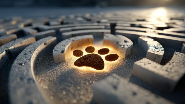 Glowing Paw Print in a Stone Maze: Conceptual Image of Pet Loss, Guidance, and Animal Rescue with Warm Light