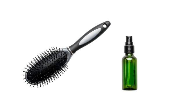 Hairbrush and Oil Bottle on Transparent Background