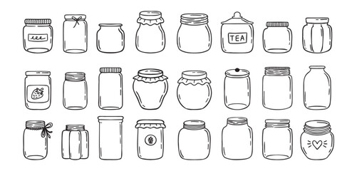 Jars hand drawn doodle isolated on white background. Jar empty, template outline drawing elements collection.
