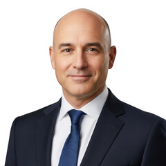Professional portrait of a bald caucasian man wearing a dark suit and blue tie smiling gently isolated on transparent background