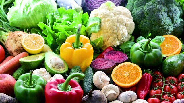 Fresh raw vegetables and fruits. Ingredients of vegan diet