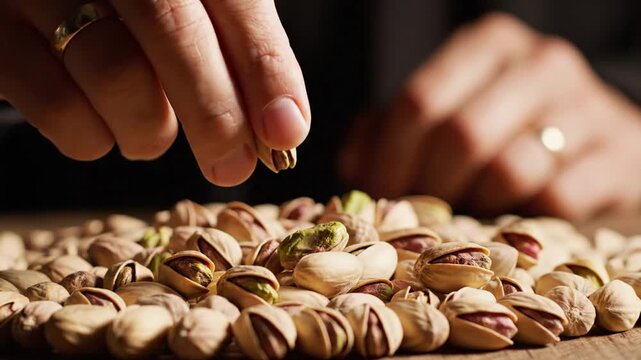 Close up of hand holding and selecting a pistachio nut from a pile of pistachios on a wooden surface