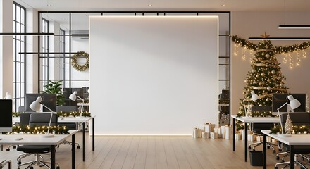 Contemporary office with Christmas tree, blank projection screen, festive garlands, large windows, and warm lighting.