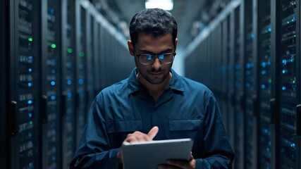 Focused IT Engineer Manages Server Racks with Digital Tablet in a Modern Data Center Environment