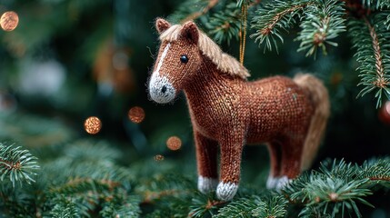 a cute little knitted horse ornament hangs on a green christmas tree new year 2026