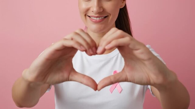 Smiling Woman Forms Heart Hands, Wearing Pink Ribbon T-shirt for Breast Cancer Awareness and Support, Symbolizing Hope and Love on Pink Background - Powered by Adobe