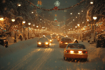 Snowy street scene with glowing holiday lights and taxis in winter wonderland atmosphere during evening hours Generative AI