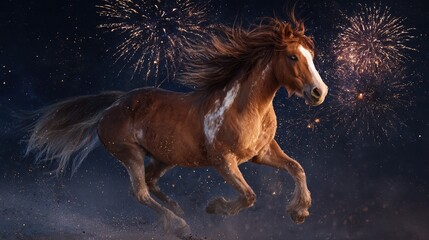 wild horse galloping at full speed mane and tail flying in the wind captured midair leap as if flying starry night sky with colorful fireworks in background glowing sparks dramatic lighting ult