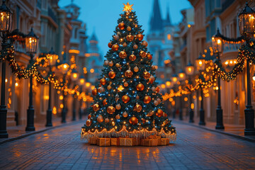 Beautifully decorated Christmas tree stands tall in a festive street adorned with lights during twilight hours Generative AI