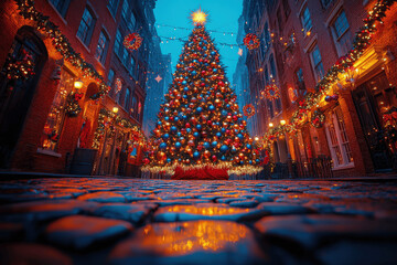 Festive holiday decorations surround a large Christmas tree in a cozy alleyway at dusk in a charming city Generative AI
