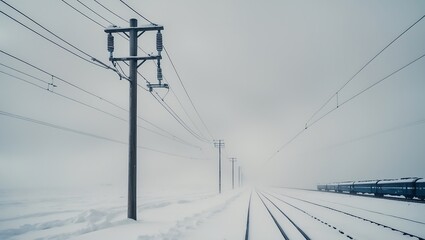 Snow covered train tracks and power lines in a desolate winter landscape with a distant train