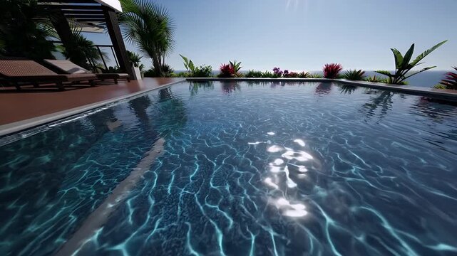 Photorealistic 4K animation luxury tropical villa terrace infinity pool sea view featuring wooden decking garden plants designer lounge furniture under bright natural sunlight