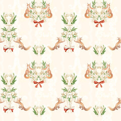 Seamless Watercolor Christmas Pattern with squirrels, Gold Ornaments and Pine Branches