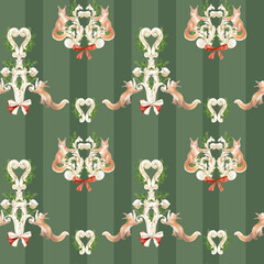 Seamless Watercolor Christmas Pattern with squirrels, Gold Ornaments and Pine Branches