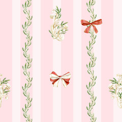 Seamless Watercolor Christmas Pattern with Gold Ornaments and Pine Branches, red bows