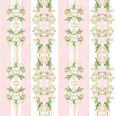 Seamless Watercolor Christmas Pattern with Gold Ornaments and Pine Branches
