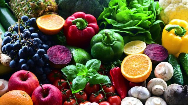 Fresh raw vegetables and fruits. Ingredients of vegan diet