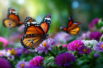 Naklejka premium Colorful butterflies flutter among vibrant flowers in a serene garden during a sunny afternoon