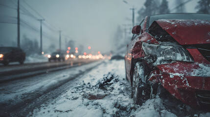 Red car accident amidst snowy winter road scene