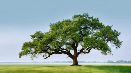 Fototapeta premium A tall tree stands majestically in the center of a lush green lawn, surrounded by a vibrant blue sky and verdant foliage in the foreground