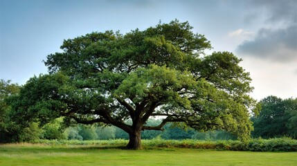 Fototapeta premium A majestic green tree, surrounded by lush greenery in a tranquil field