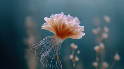   A flower on a plant with water behind and a blue sky above