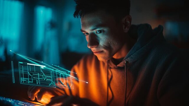 Young man interacting with futuristic interface using AI tools